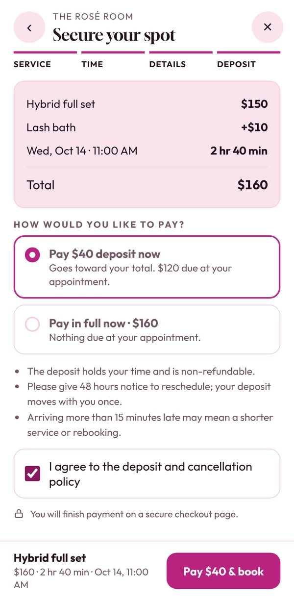 Concept booking screen on a phone: choose to pay a deposit now or pay in full, then agree to the cancellation policy.