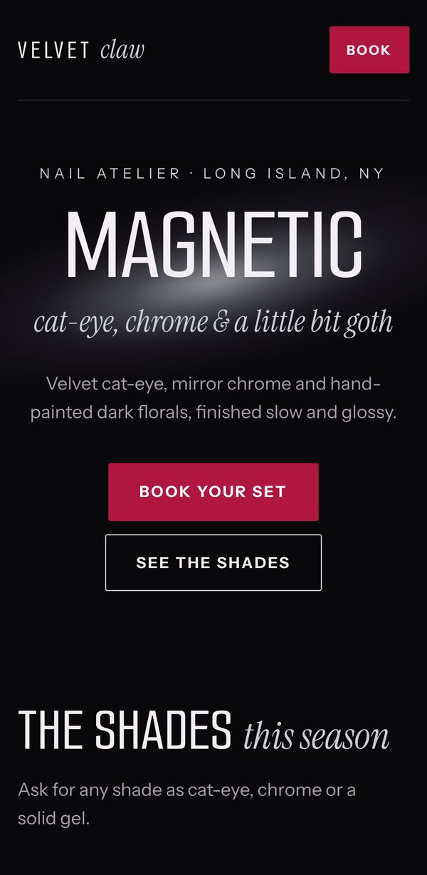 Velvet Claw concept: a dark, glossy nail atelier homepage with a large Magnetic headline.